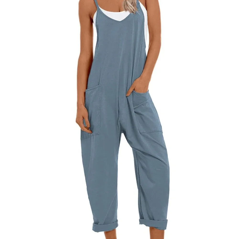 Sleeveless V-Neck Jumpsuit Oversized Harem Fit Stretchy Adjustable Straps